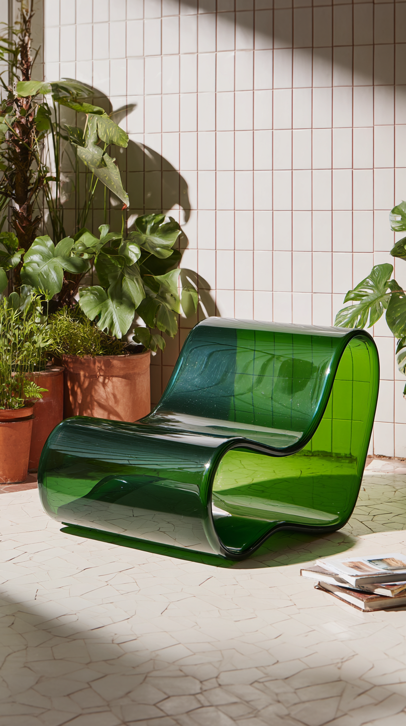 Sculptural green glass chair in tiled sunroom
