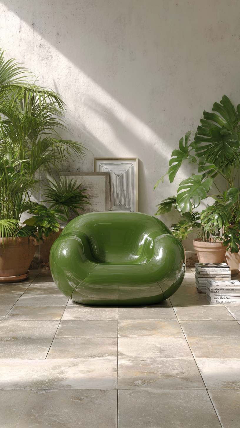 Glossy green sculptural lounge chair with plants